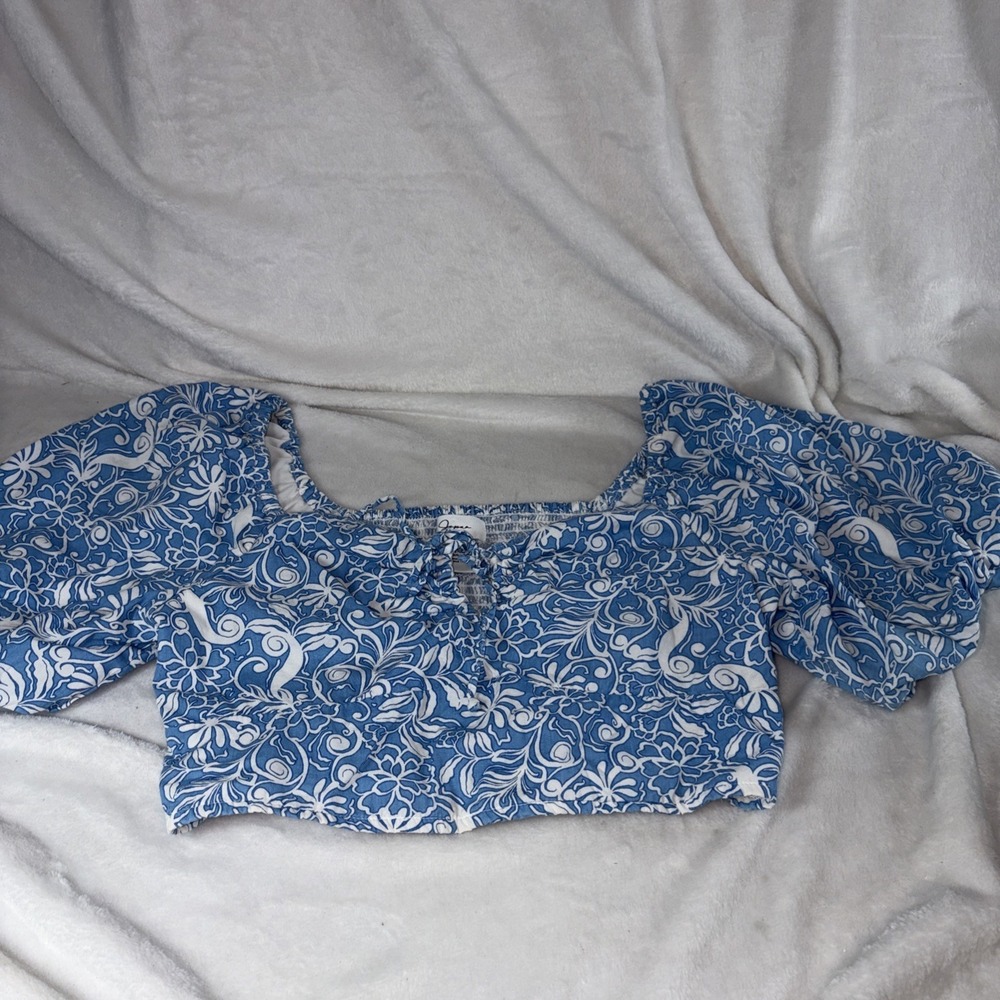 Japna Blue White‎ Floral Puff Sleeve Tie-Front Smocked Crop Top Women Med Boho